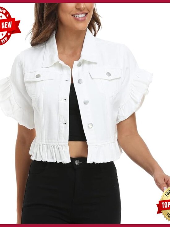 Jackets & Blazers - Cropped Denim Jacket with Ruffle Sleeves, Distressed Hem, Fitted Fit